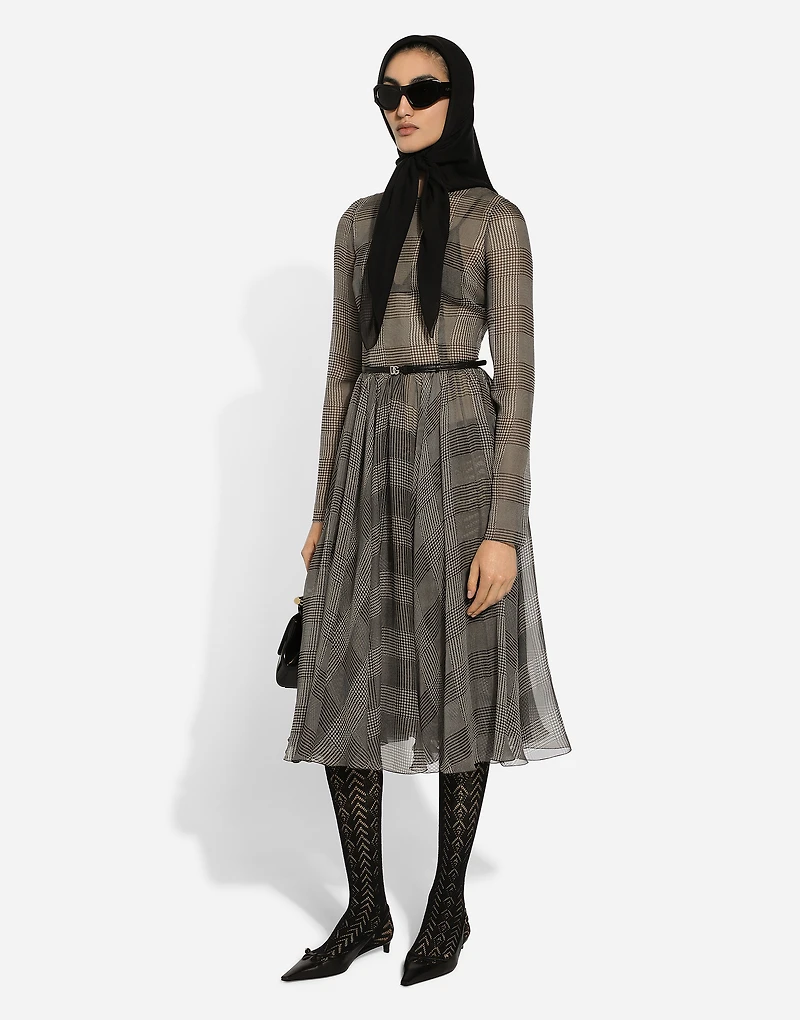 Chiffon calf-length circle skirt with glen plaid print