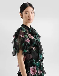 Rose-print chiffon calf-length dress with ruffles and flounces
