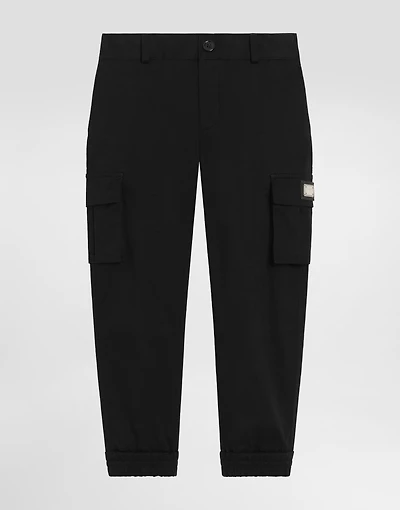 Gabardine cargo pants with branded metal tag