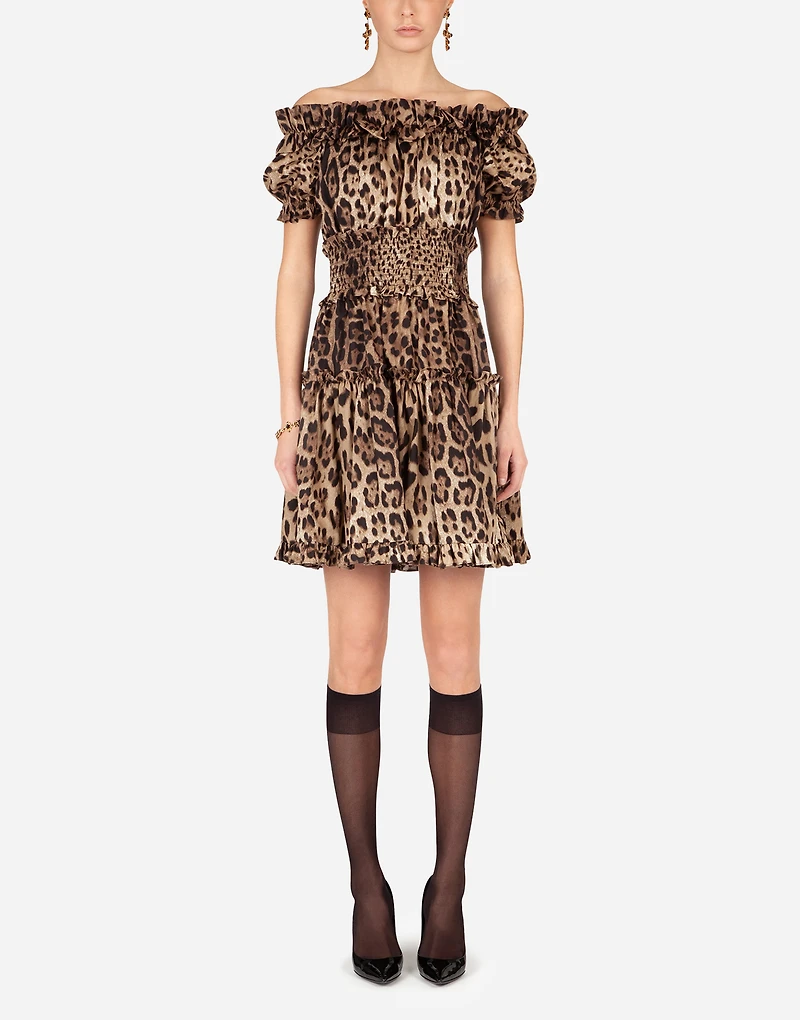Short leopard-print poplin dress