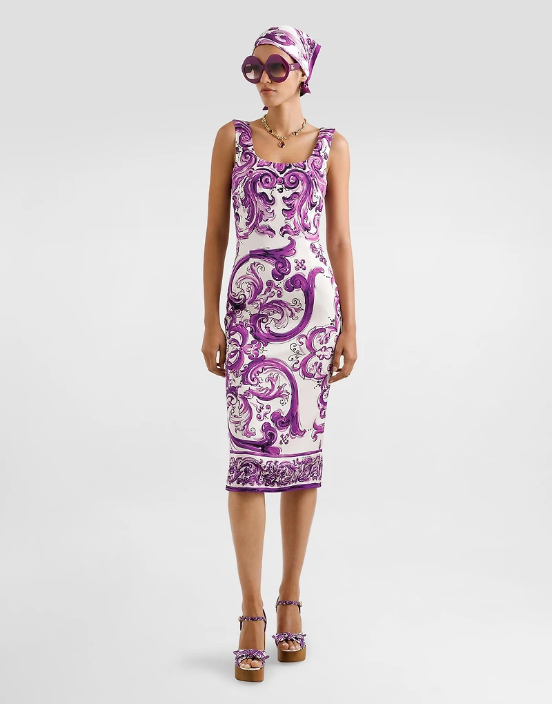 Majolica-print long charmeuse dress