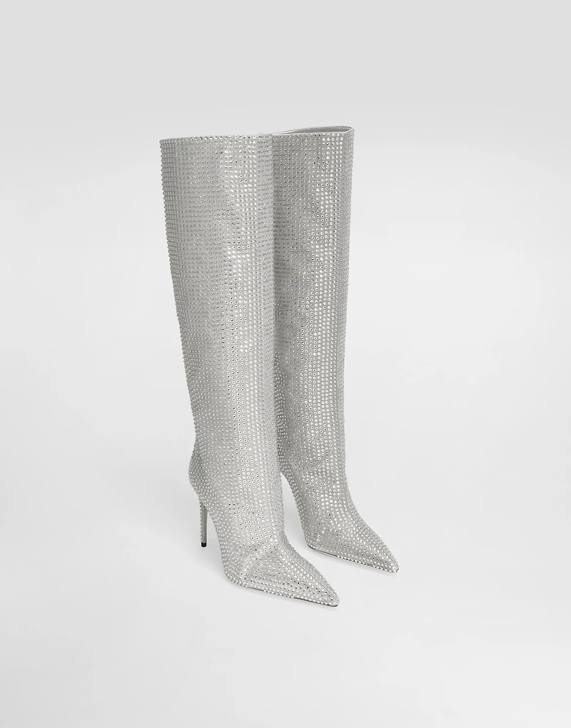 Satin boots with fusible rhinestones