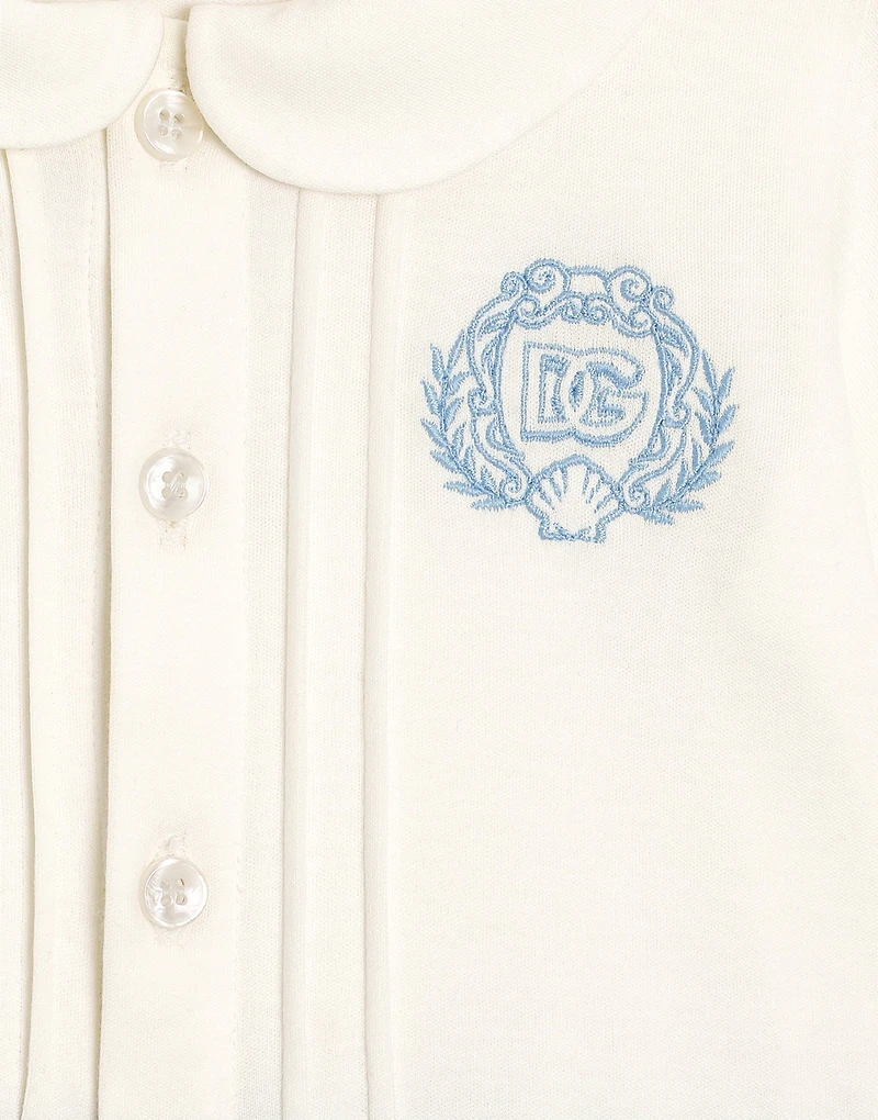 Short-sleeved interlock and linen romper with embroidery