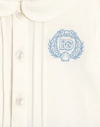 Short-sleeved interlock and linen romper with embroidery