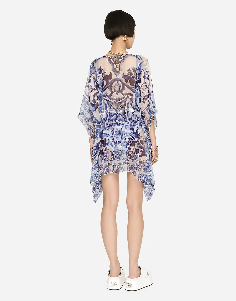 Short majolica-print chiffon caftan