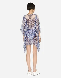 Short majolica-print chiffon caftan