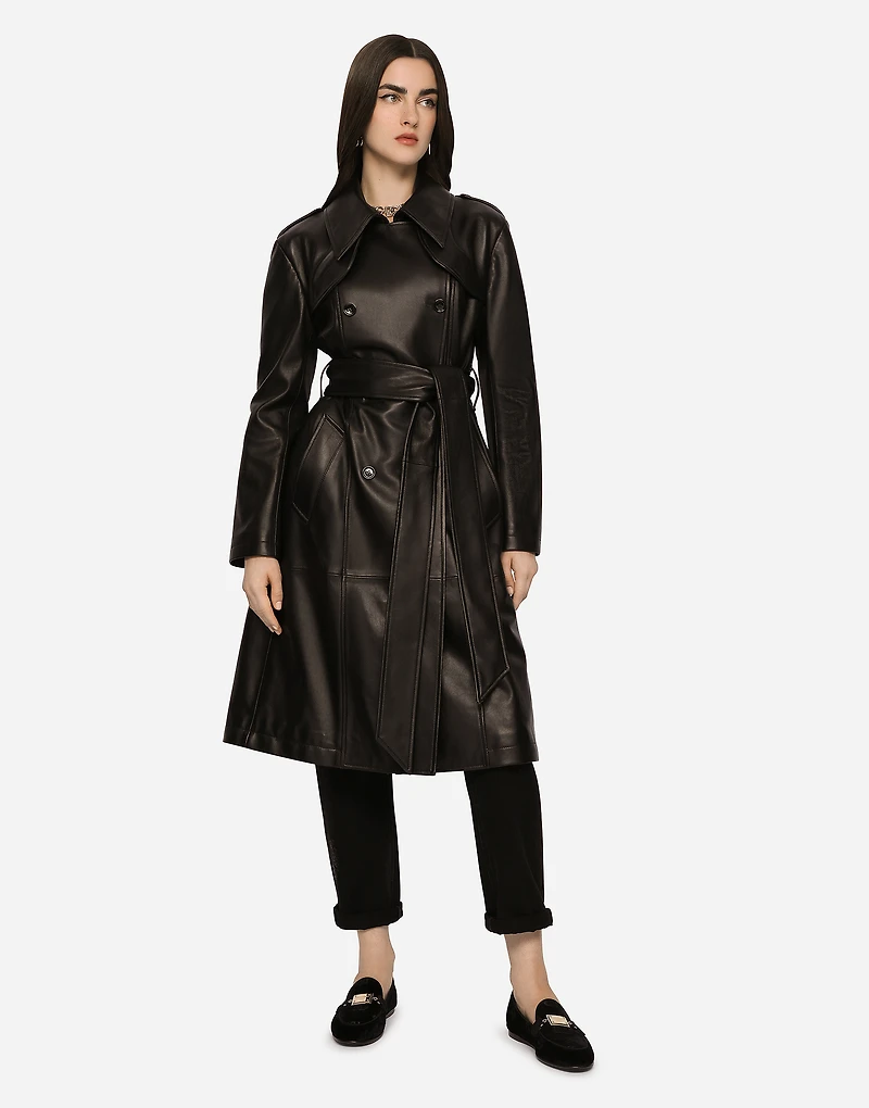 Belted double-breasted leather coat