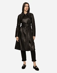 Belted double-breasted leather coat