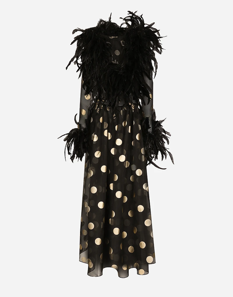Long polka-dot silk organza dress with feathered details
