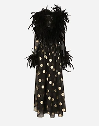 Long polka-dot silk organza dress with feathered details