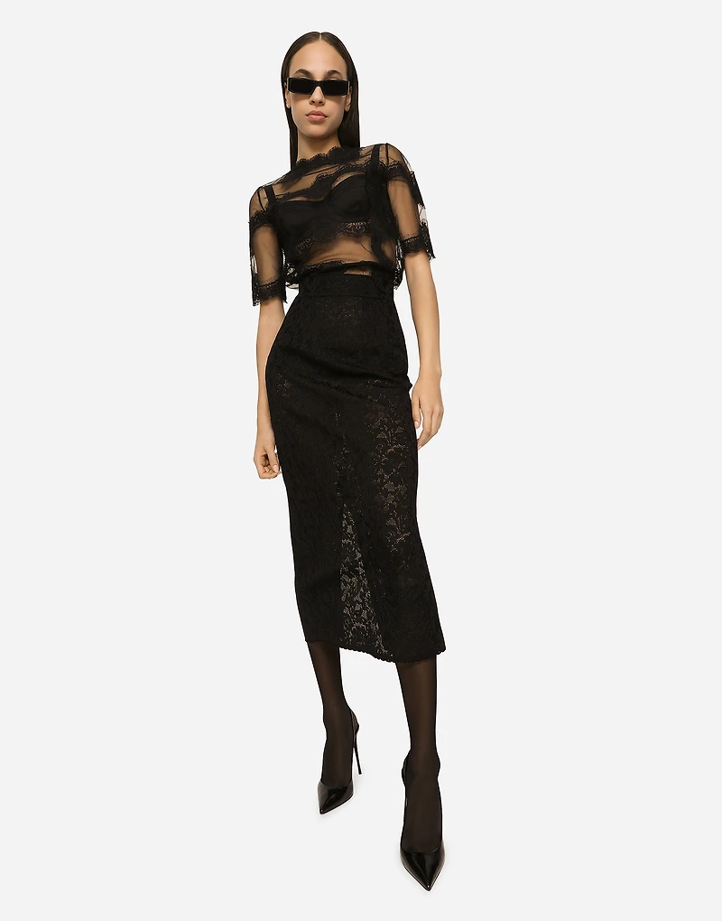 Lace-stitch calf-length skirt