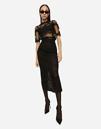 Lace-stitch calf-length skirt