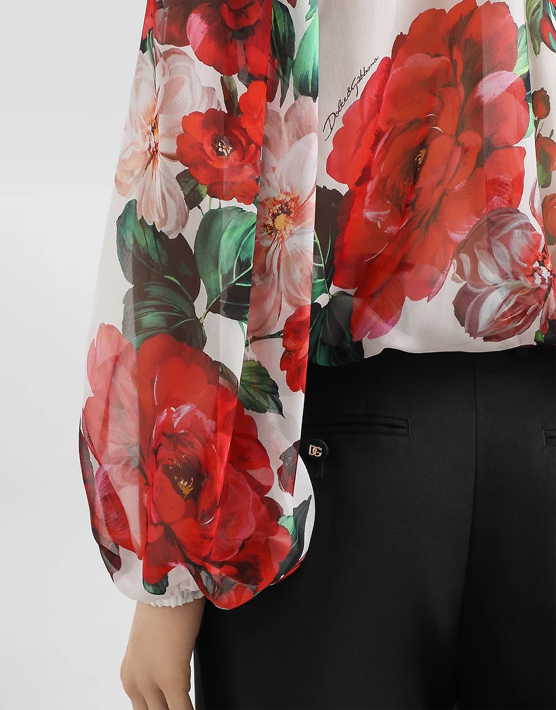 Chiffon pussy-bow blouse with rose print