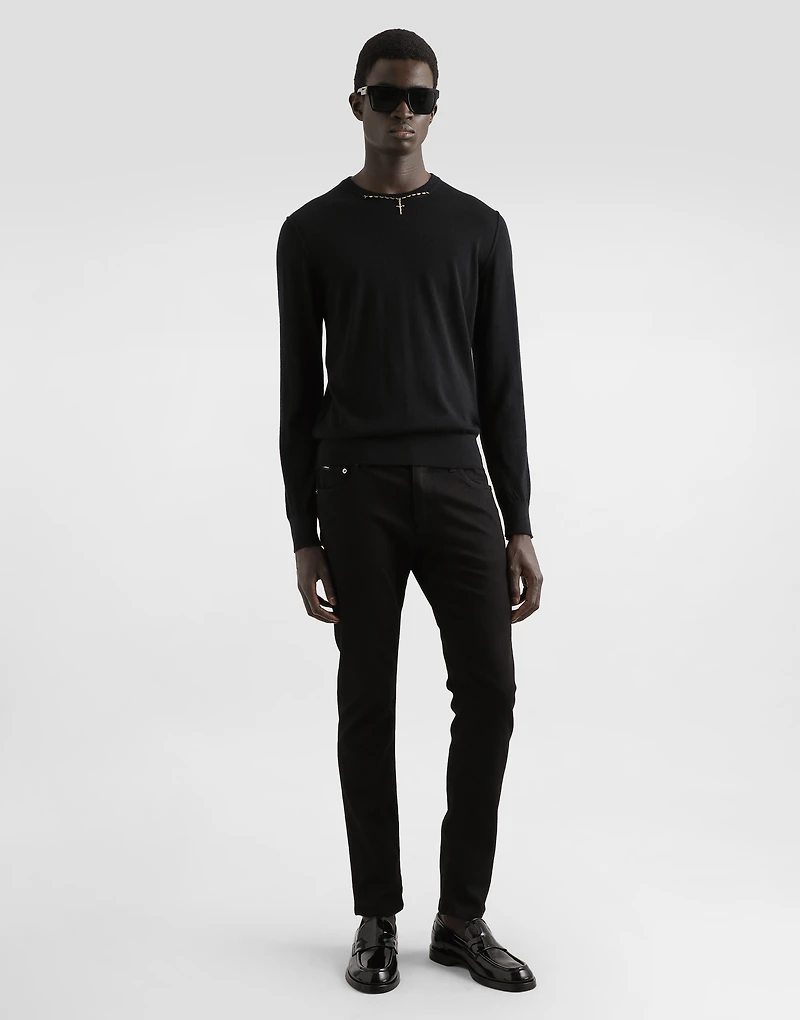 Round-neck cashmere sweater with bejeweled detailing