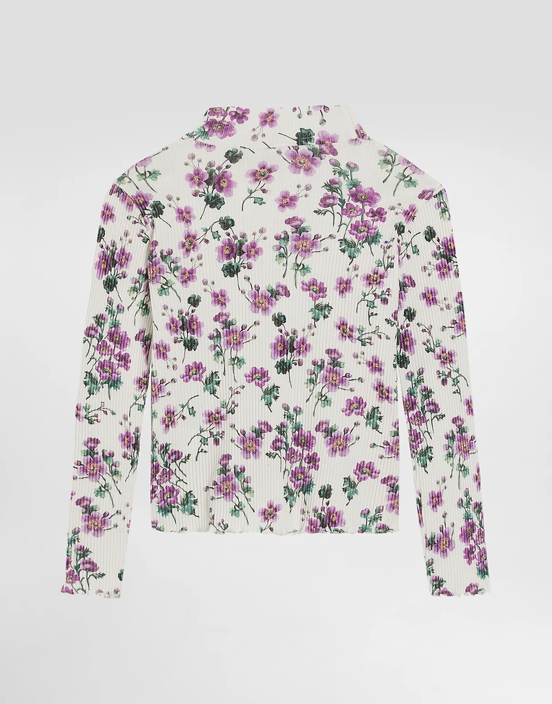 Ribbed turtleneck with violets-print