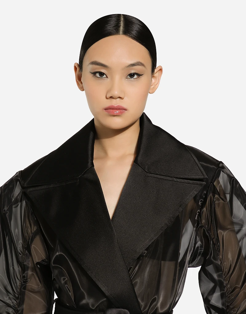 Technical organza trench coat with gathered sleeves