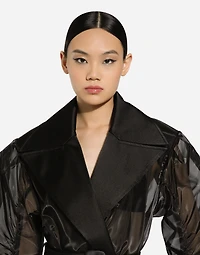 Technical organza trench coat with gathered sleeves