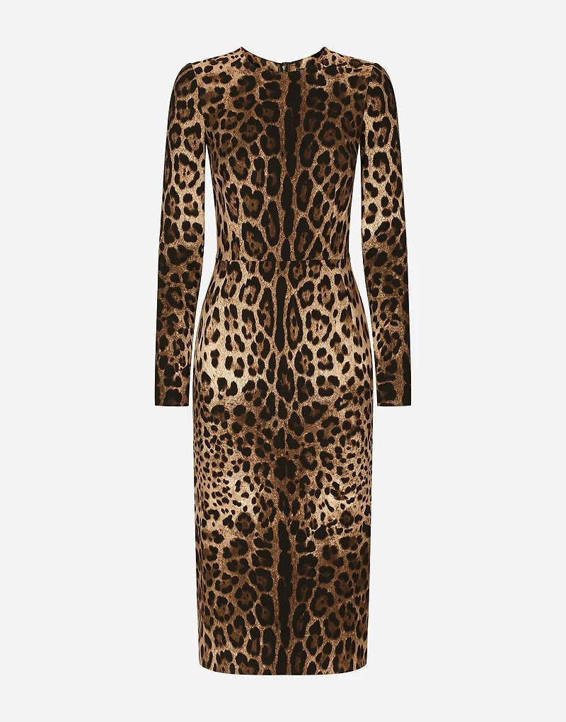 Leopard-print cady dress with long sleeves