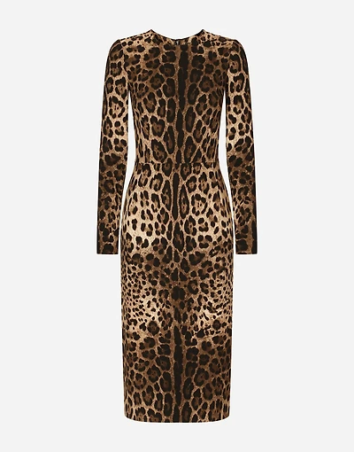 Leopard-print cady dress with long sleeves