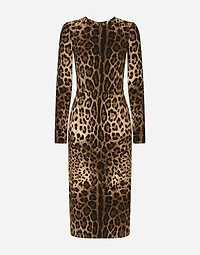 Leopard-print cady dress with long sleeves