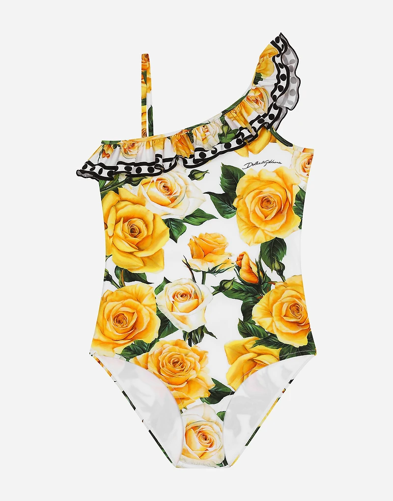 Spandex one-piece swimsuit with yellow rose print