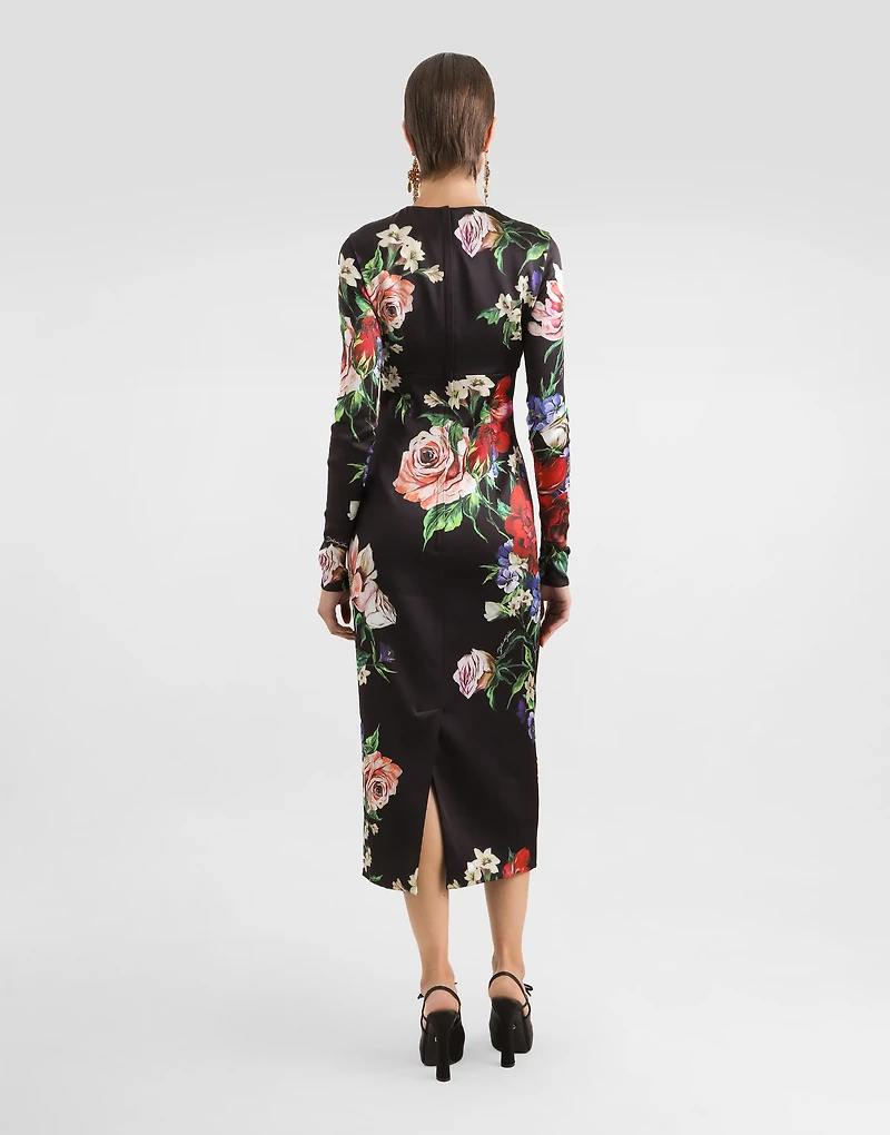 Satin calf-length round-neck dress with floral print