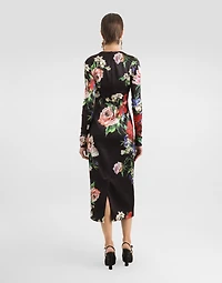 Satin calf-length round-neck dress with floral print