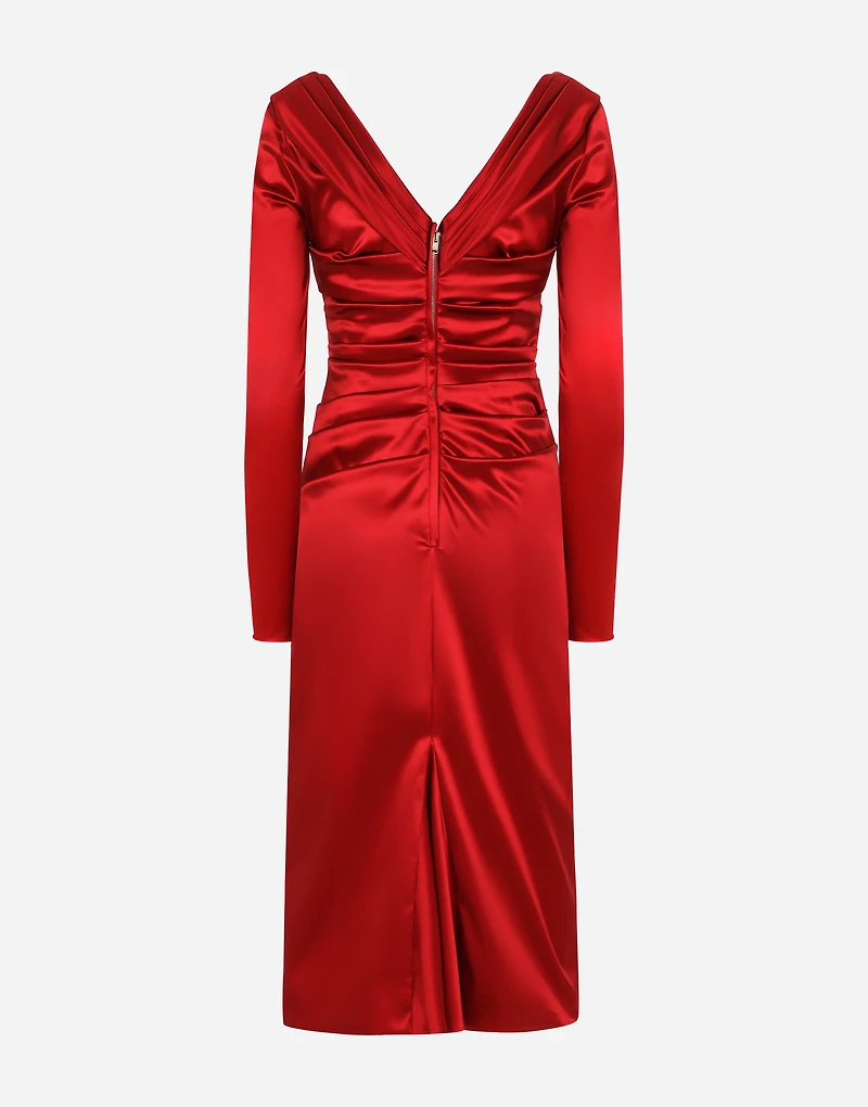 Satin draped calf-length dress