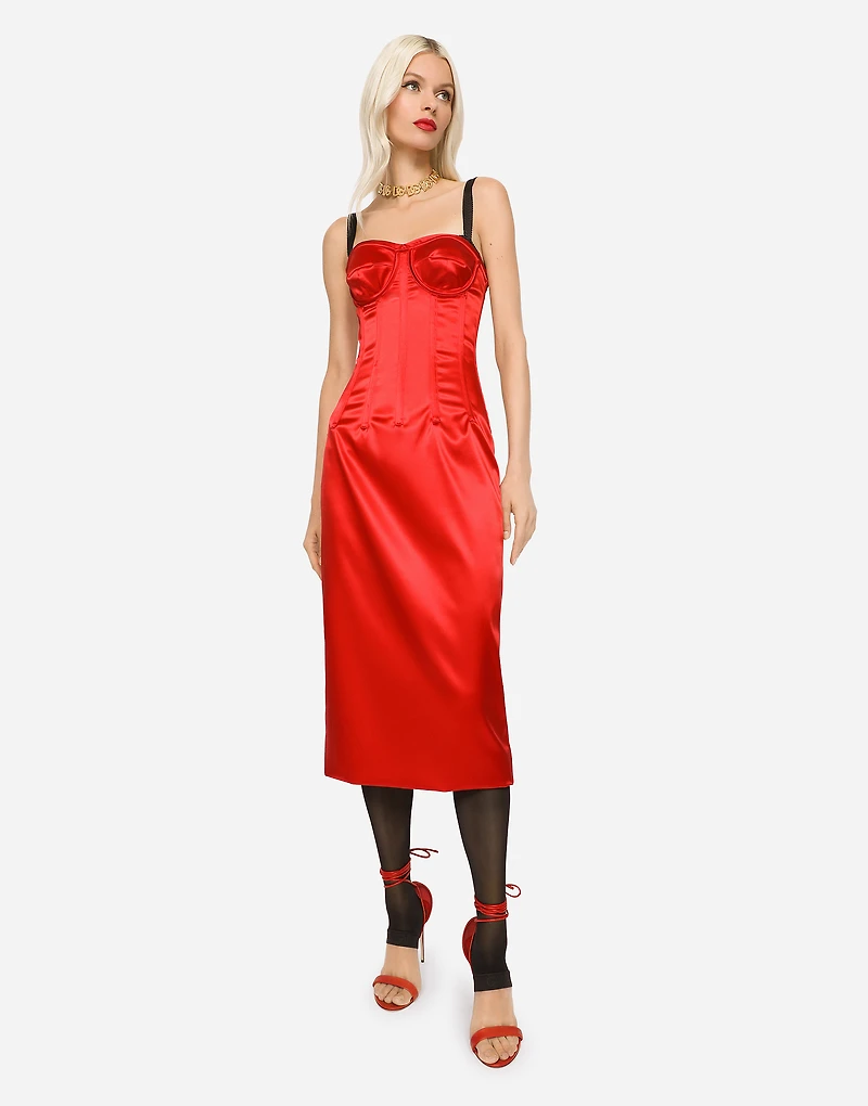 Satin calf-length dress with corset details