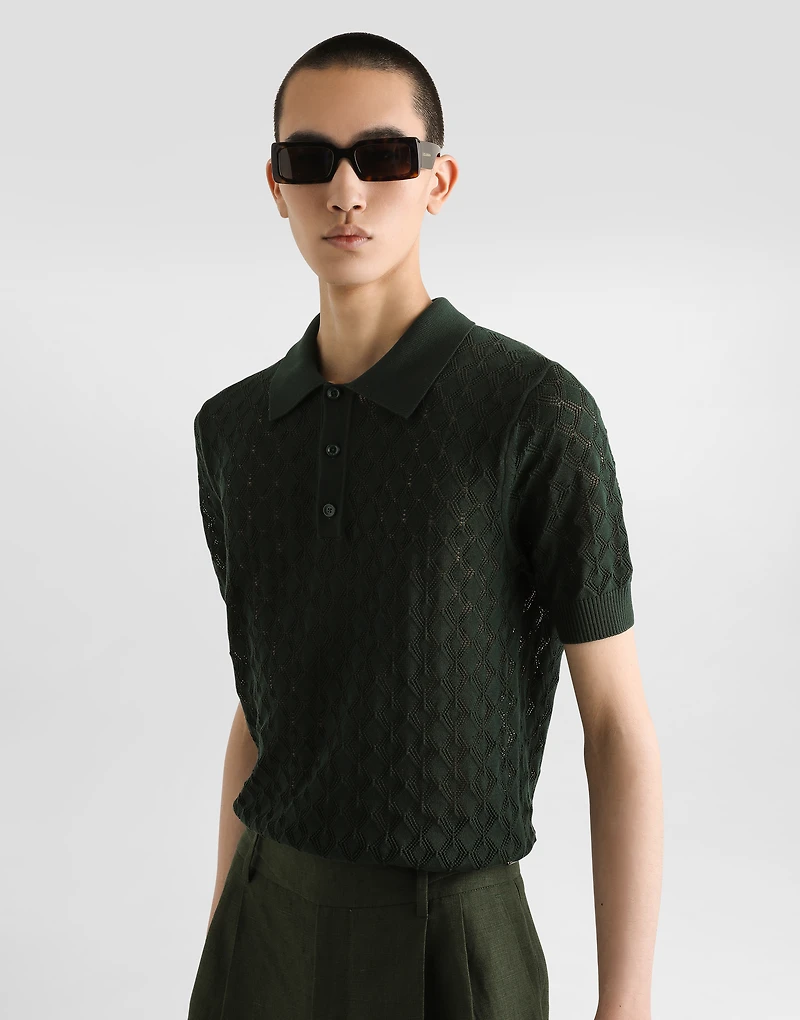 Short-sleeved cotton openwork polo-shirt