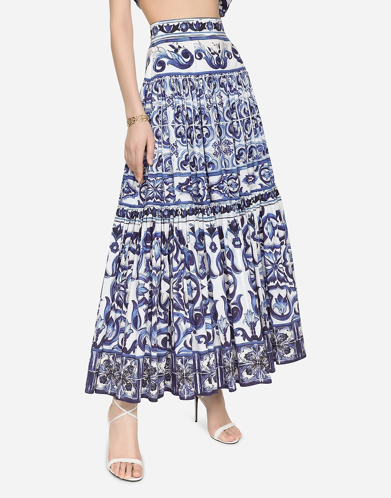 Long majolica-print poplin skirt