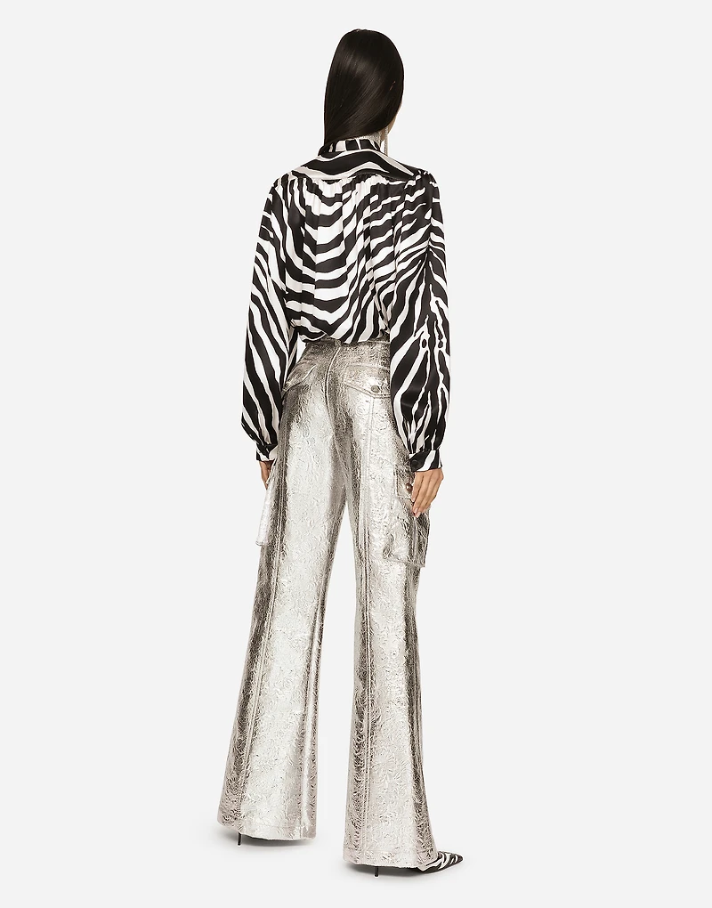 Zebra-print satin pussy-bow shirt