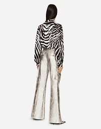 Zebra-print satin pussy-bow shirt