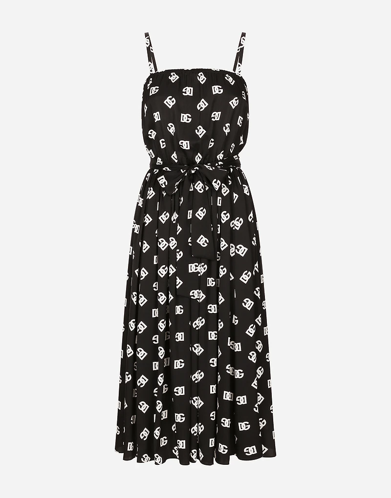Charmeuse calf-length dress with all-over DG logo print