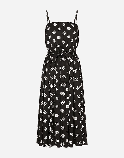 Charmeuse calf-length dress with all-over DG logo print