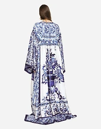 Silk twill caftan with majolica print