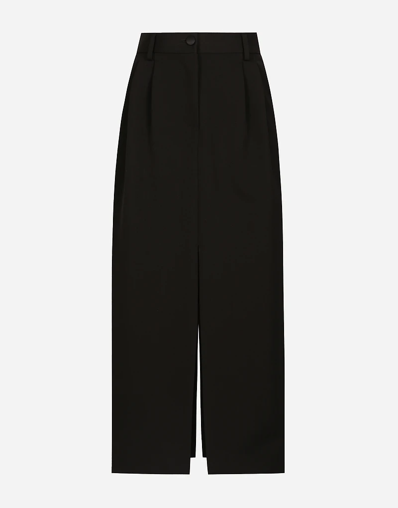 Wool gabardine calf-length tuxedo pencil skirt