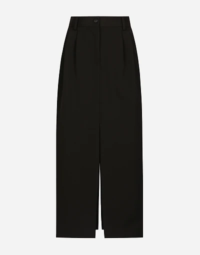 Wool gabardine calf-length tuxedo pencil skirt