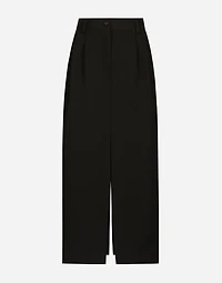 Wool gabardine calf-length tuxedo pencil skirt