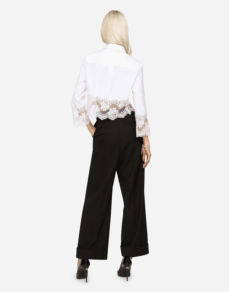 Cropped poplin shirt with lace inserts