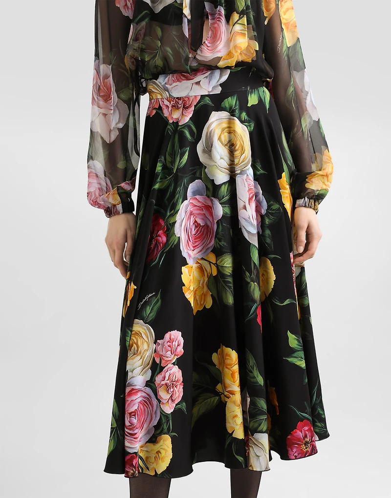 Peony and rose-print charmeuse calf-length circle skirt