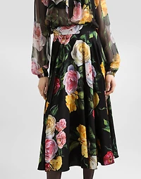 Peony and rose-print charmeuse calf-length circle skirt
