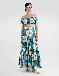 Long ruffled skirt gardenia-print cotton