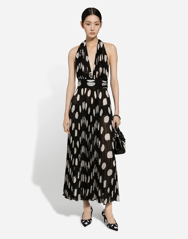Pleated chiffon calf-length dress with polka-dot print