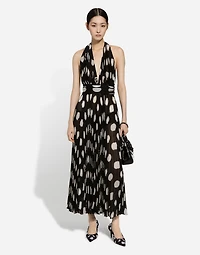 Pleated chiffon calf-length dress with polka-dot print