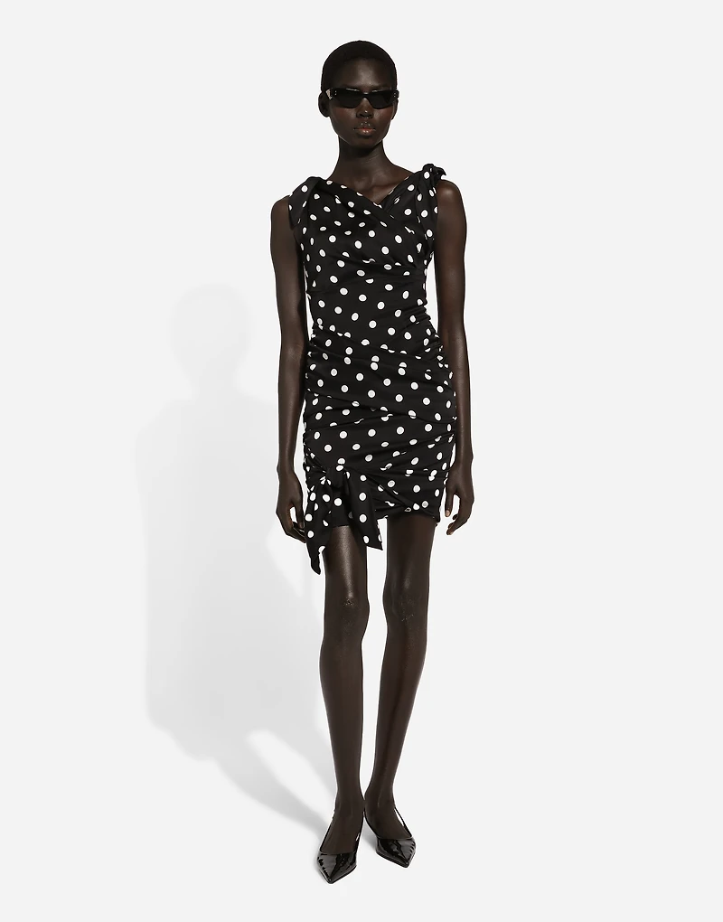 Charmeuse midi dress with draping and polka-dot print