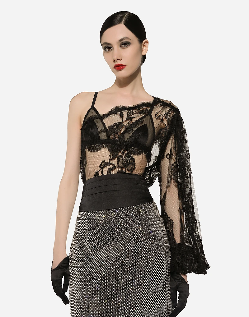 Chantilly lace one-shoulder blouse