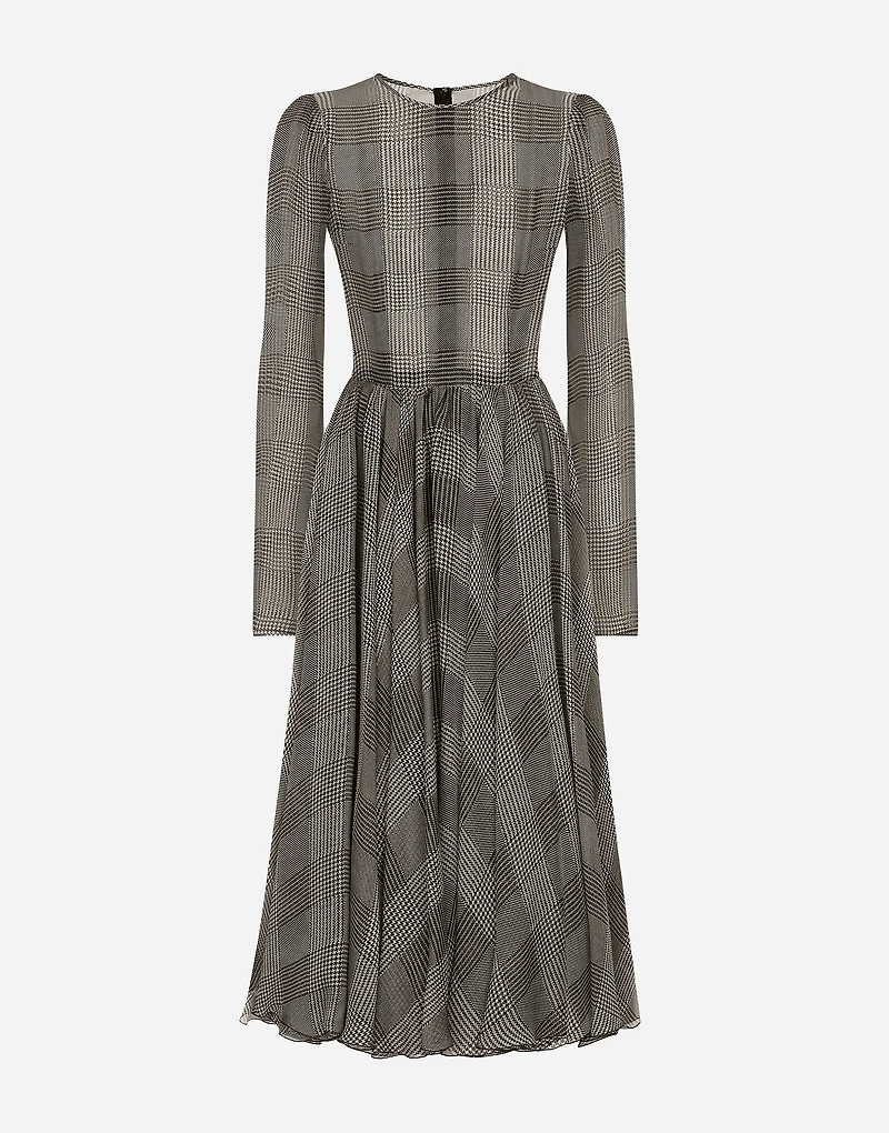 Chiffon calf-length circle skirt with glen plaid print