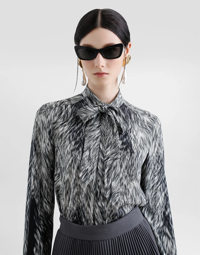 Fur-print charmeuse shirt with pussy-bow