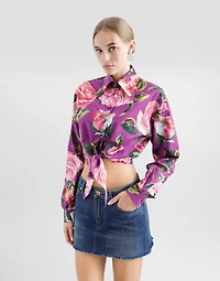 Cotton pussy-bow shirt with rose print